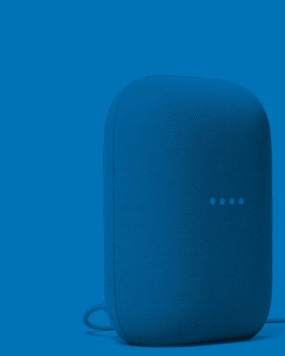 A picture of google smart home device. The image is blue and rectangular in portrait mode.